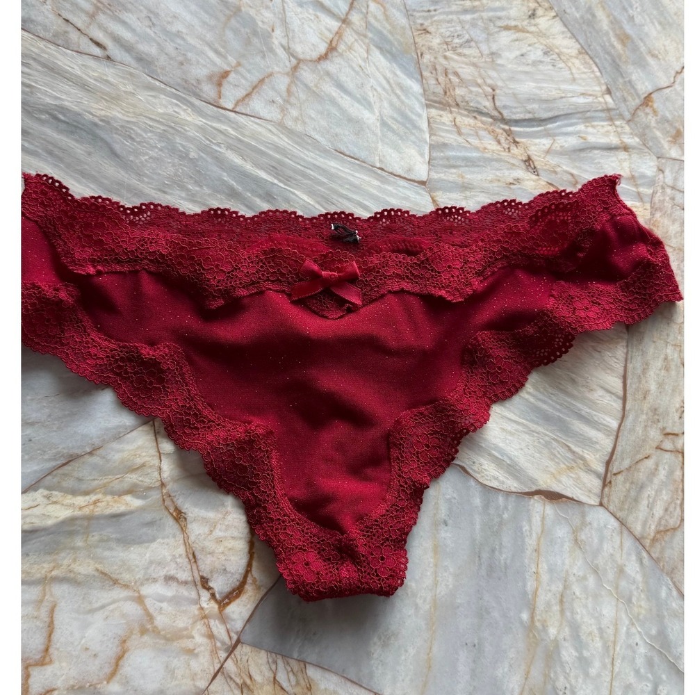 Red Thong Panty Lace Trim Small Bow Sparkle Detail XS Victoria's Secret